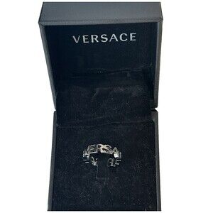 Versace Men's Cut Out Logo Letter Band Ring GunMetal Color Size 22 US 10